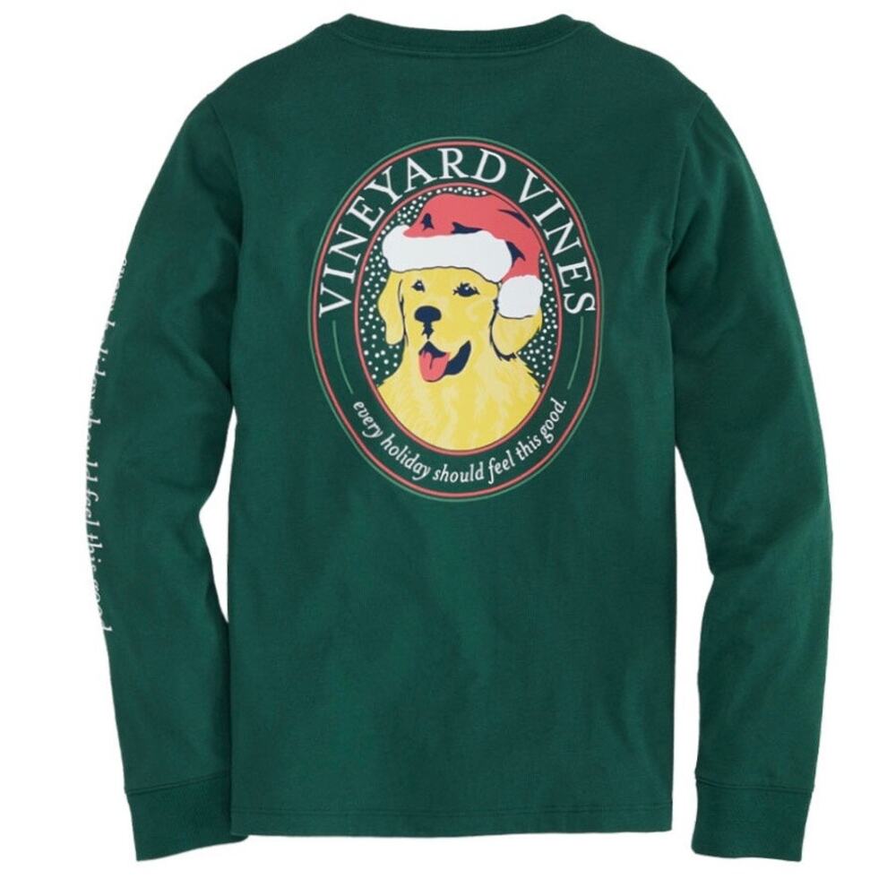 Vineyard Vines Men’s Green Christmas Good Boy Dog Long Sleeve T-Shirt Size XL